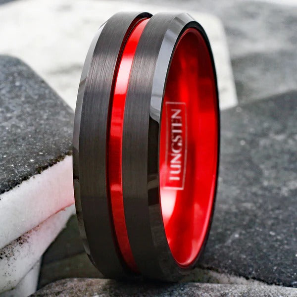 Black Tungsten Ring with Fire Engine Red Anodized Aluminum Inner Band – Durable, Modern Men’s Wedding Band