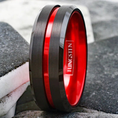 Black Tungsten Ring with Fire Engine Red Anodized Aluminum Inner Band – Durable, Modern Men’s Wedding Band