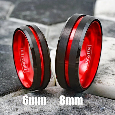 Black Tungsten Ring with Fire Engine Red Anodized Aluminum Inner Band – Durable, Modern Men’s Wedding Band