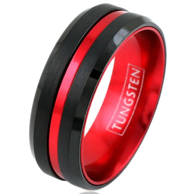 Black Tungsten Ring with Fire Engine Red Anodized Aluminum Inner Band – Durable, Modern Men’s Wedding Band