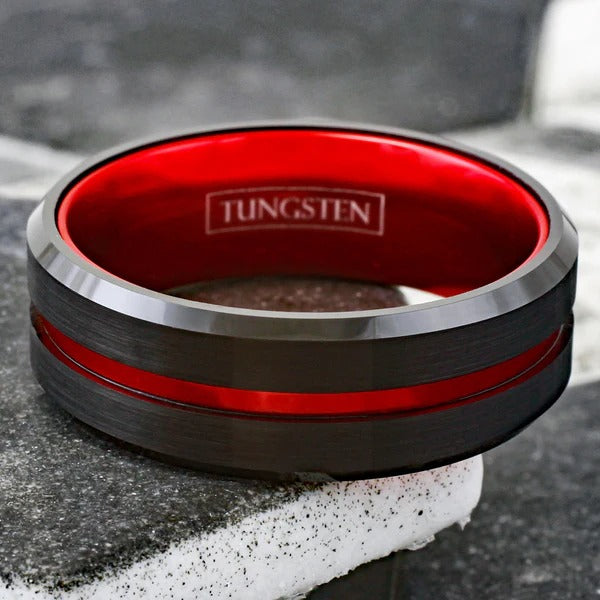 Black Tungsten Ring with Fire Engine Red Anodized Aluminum Inner Band – Durable, Modern Men’s Wedding Band