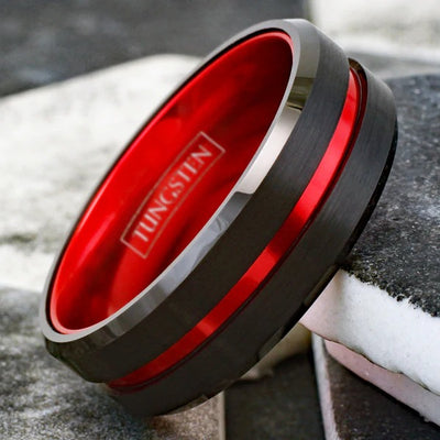 Black Tungsten Ring with Fire Engine Red Anodized Aluminum Inner Band – Durable, Modern Men’s Wedding Band