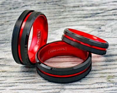 Black Tungsten Ring with Fire Engine Red Anodized Aluminum Inner Band – Durable, Modern Men’s Wedding Band