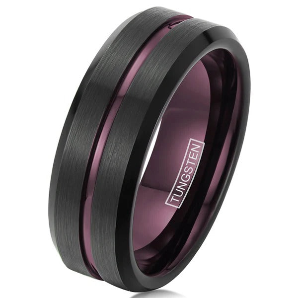 Men’s Black Tungsten Ring with Plum Purple Inlay & Inner Band – Beveled Edge Wedding Band