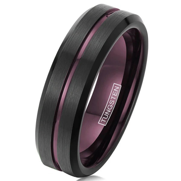 Men’s Black Tungsten Ring with Plum Purple Inlay & Inner Band – Beveled Edge Wedding Band
