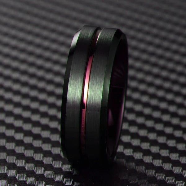 Men’s Black Tungsten Ring with Plum Purple Inlay & Inner Band – Beveled Edge Wedding Band
