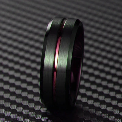 Men’s Black Tungsten Ring with Plum Purple Inlay & Inner Band – Beveled Edge Wedding Band