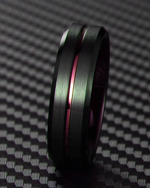 Men’s Black Tungsten Ring with Plum Purple Inlay & Inner Band – Beveled Edge Wedding Band