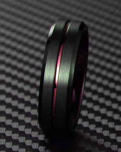 Men’s Black Tungsten Ring with Plum Purple Inlay & Inner Band – Beveled Edge Wedding Band